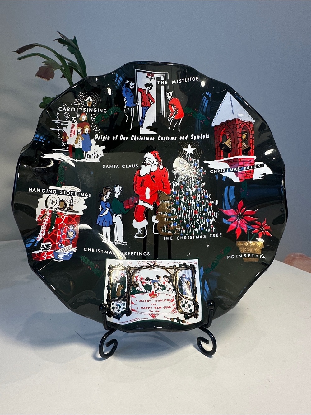 Holiday Decorative Serving Plate with Santa and Christmas Motifs - Black
